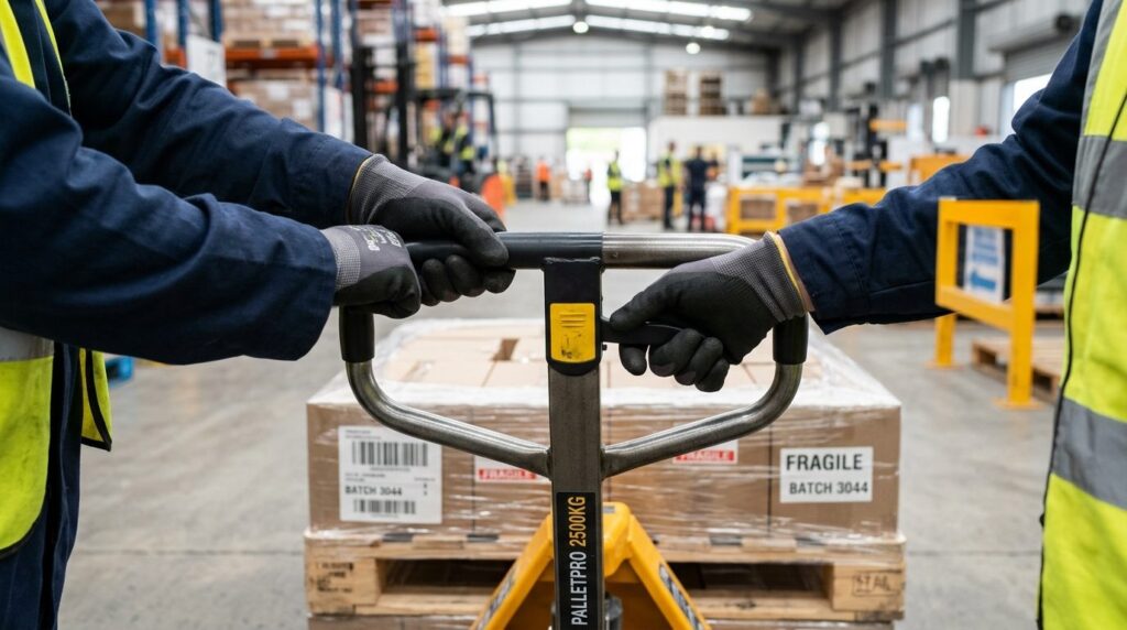 Close-up of warehouse workers hands gripping the control ha