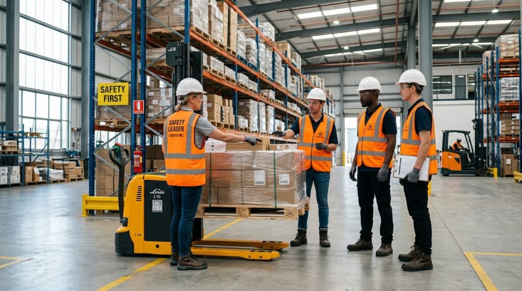 Warehouse manager conducting a safety briefing with two work