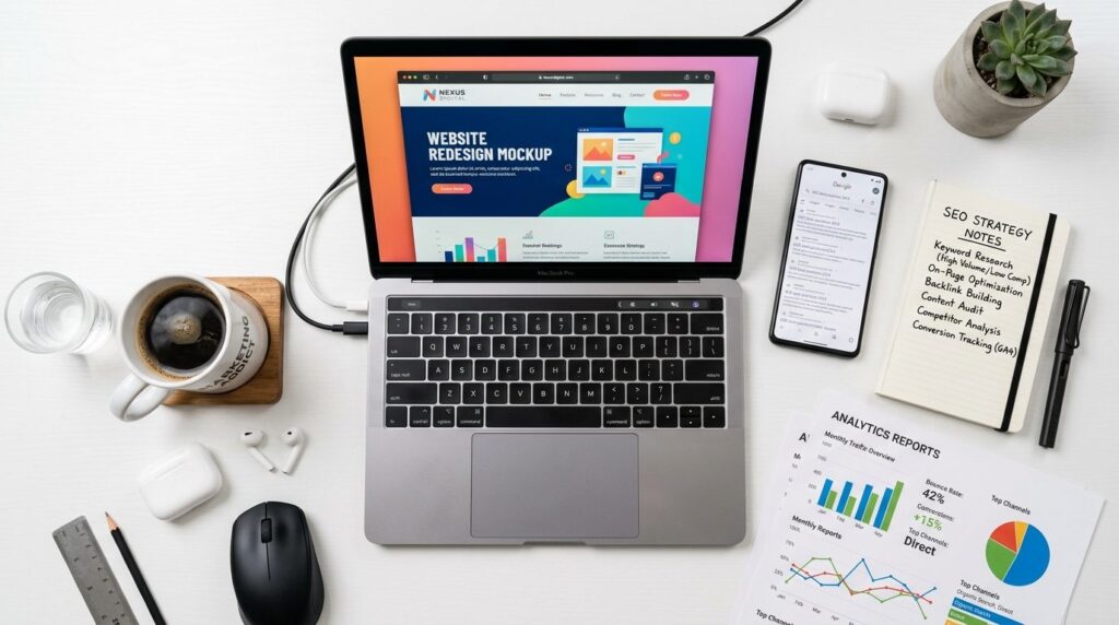 Overhead flat lay of digital marketing workspace with laptop