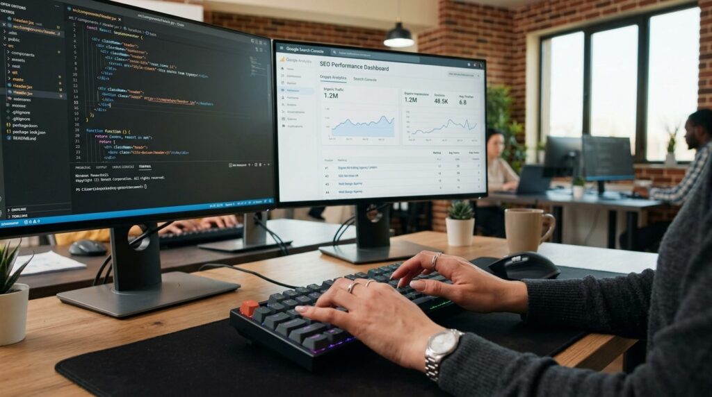 Close-up of focused IT professional or web developers hands
