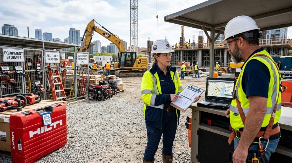 Construction site manager reviewing security protocol with m