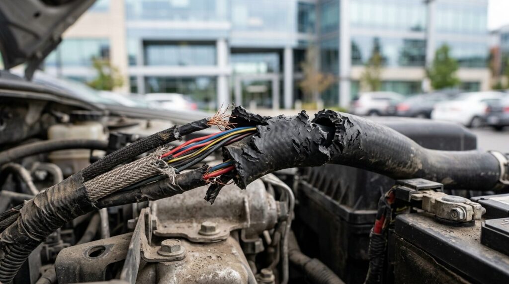 Close-up professional photograph of damaged car cables and r