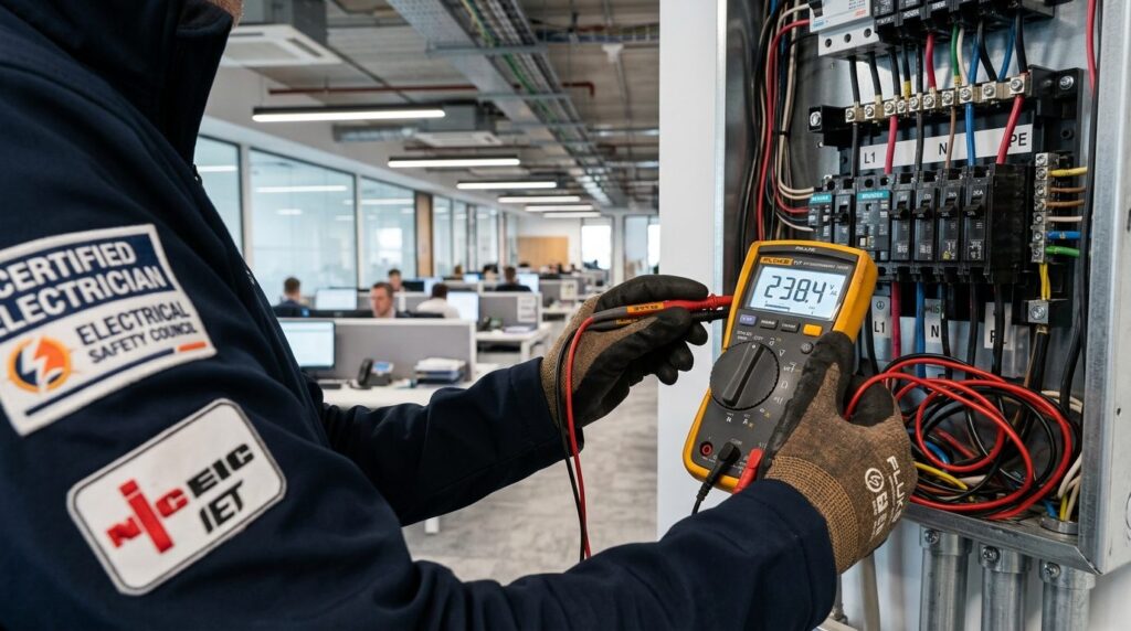 Close-up of certified electricians hands using digital mult