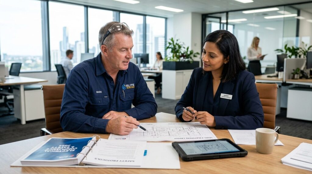 Business meeting between professional electrician and commer