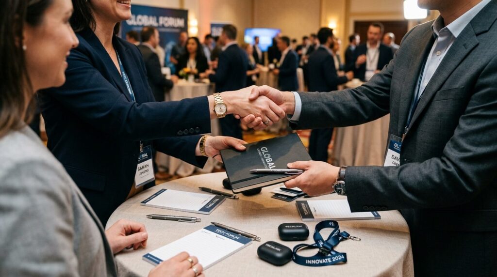 Close-up overhead shot of business professionals networking