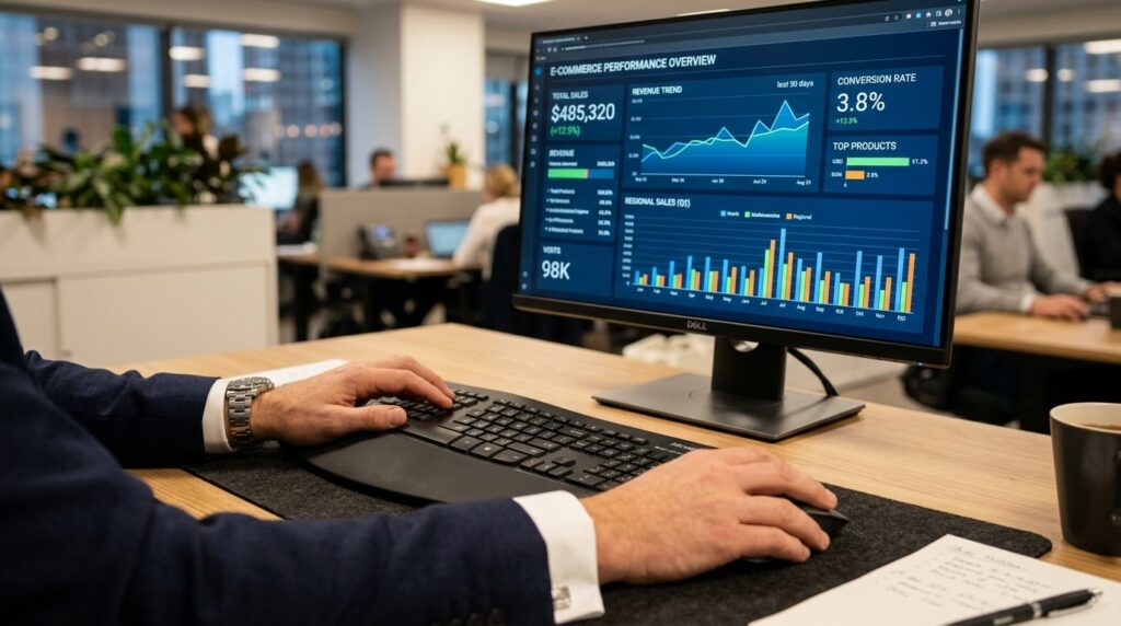 Close-up of businessmans hands analyzing digital dashboard