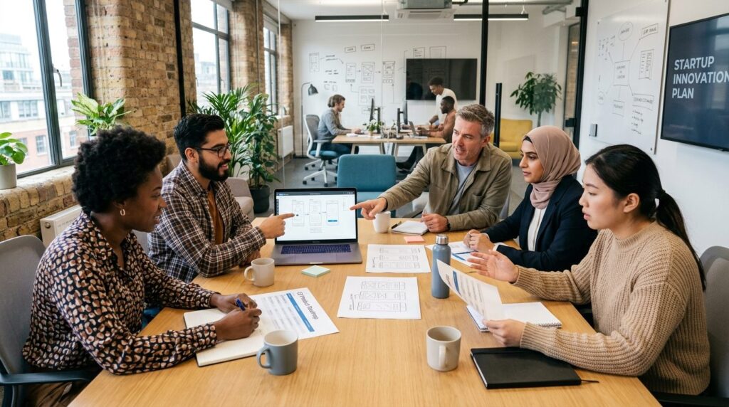 Diverse business team in startup office collaborating around