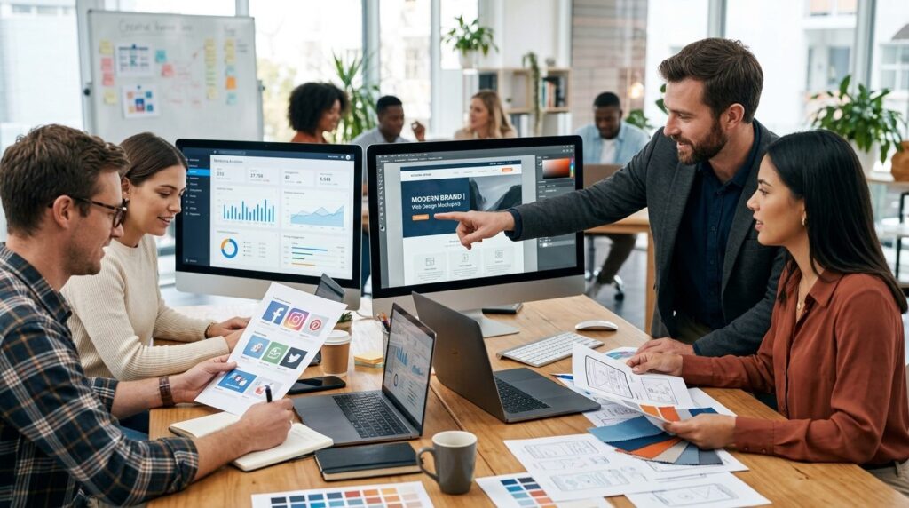 Close-up of a business team collaborating around a desk with