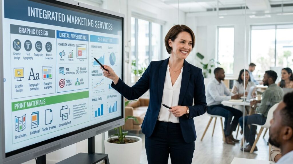 Confident female business owner in business casual attire st