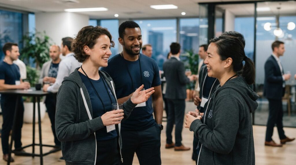 Close-up of business professionals at a networking event wea