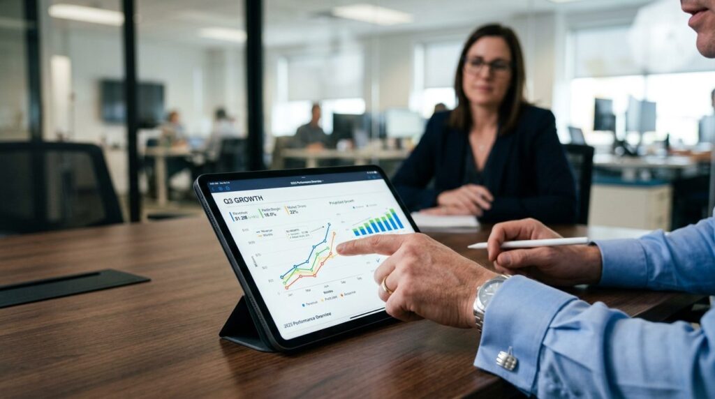 Close-up of businessmans hands pointing at financial charts