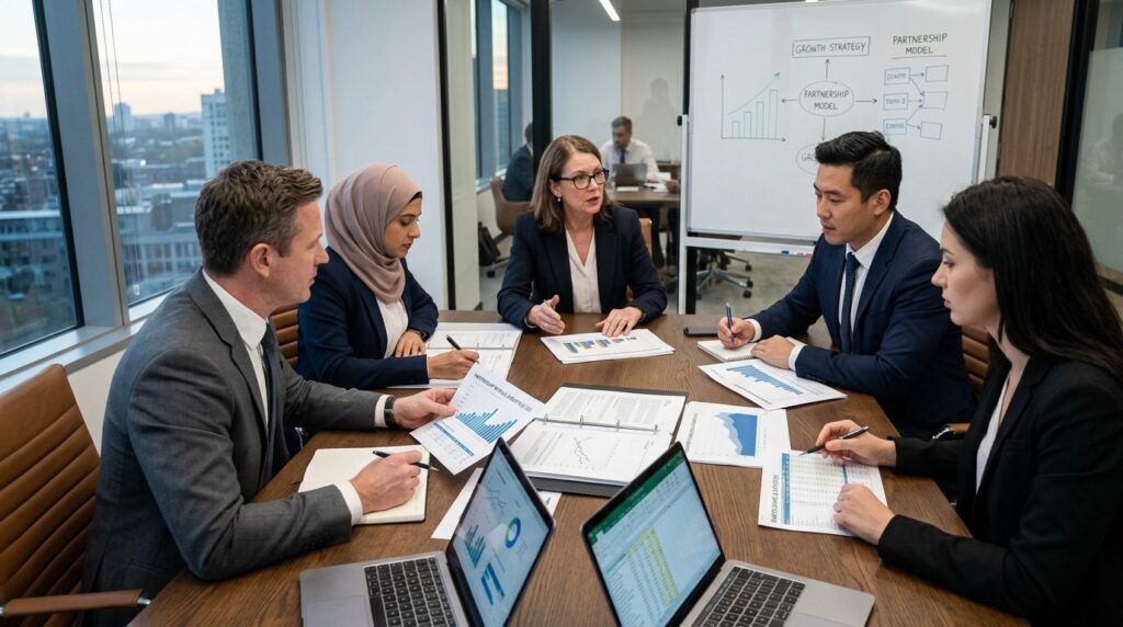 Group of business professionals in formal meeting around con