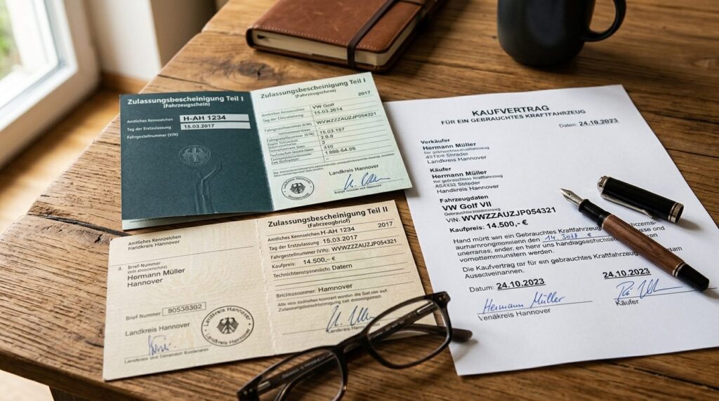 Close-up of German used car registration documents and purch