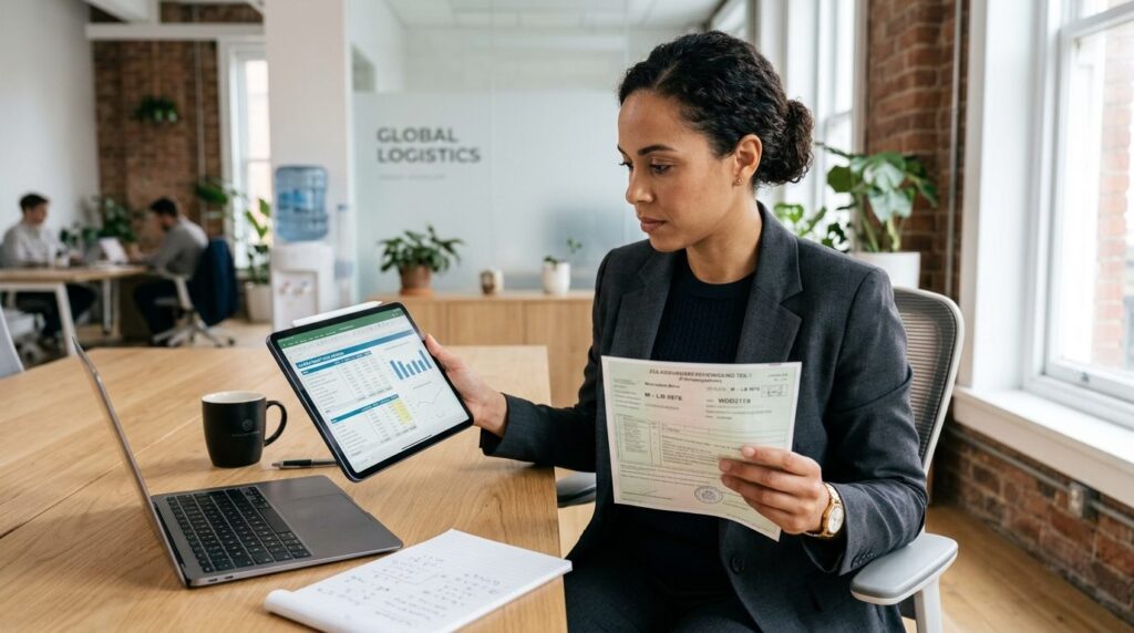 Entrepreneur reviewing vehicle import costs on digital table