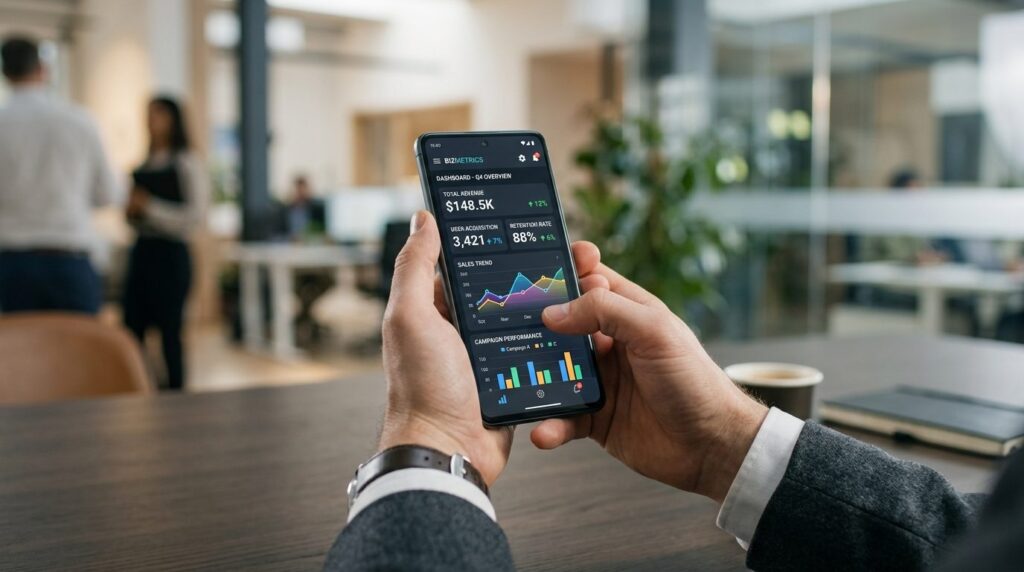 Close-up of businessmans hands holding smartphone displayin