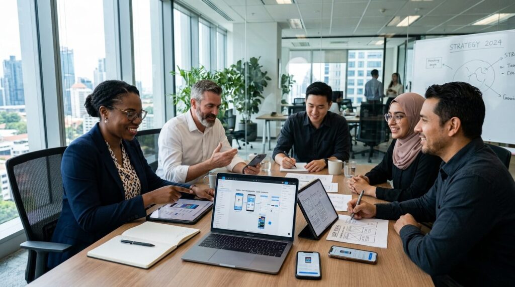 Business team collaborating around conference table with mul