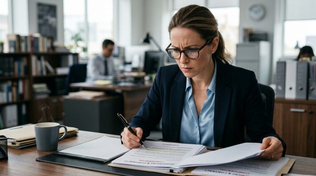 Close-up of professional woman in business attire reviewing