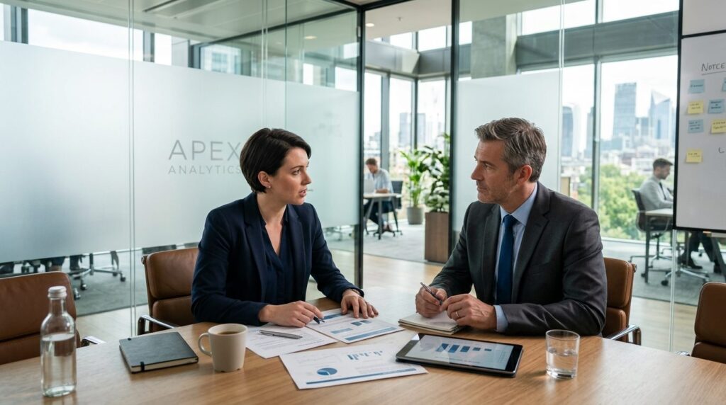 Two business professionals in formal meeting room having ser