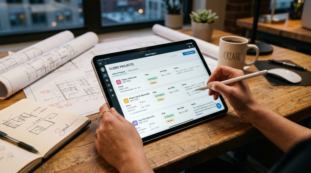Close-up of a small business owners hands reviewing organiz