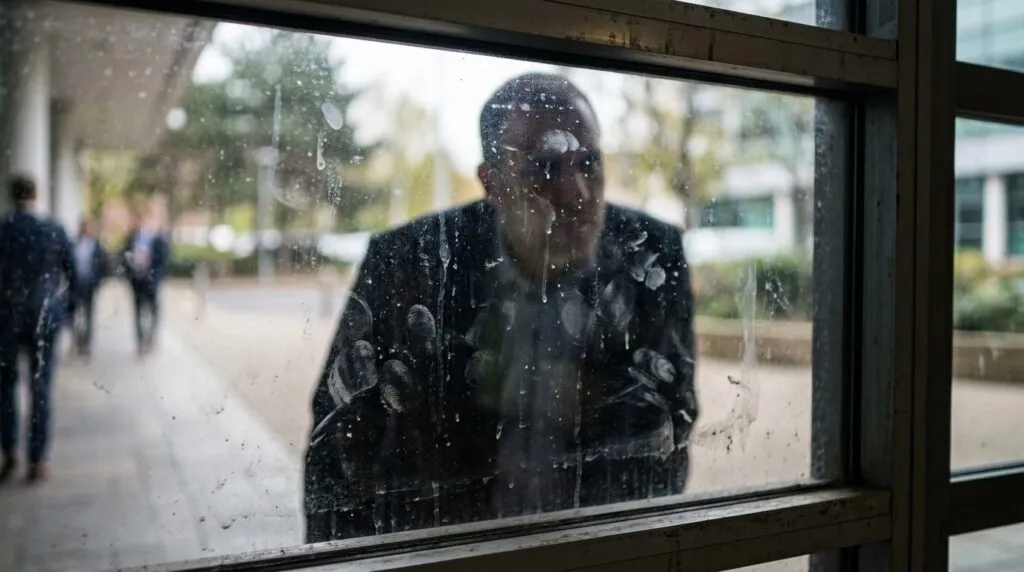 Grundig nærbillede af snavs og misfarvninger på kommerciel bygningsfacade.