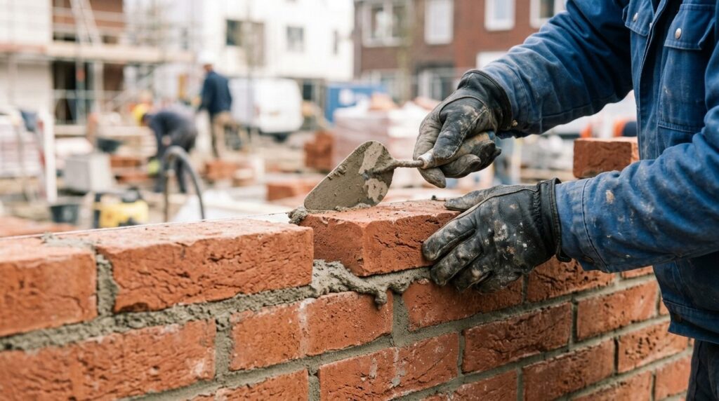 Close-up of a bricklayers hands working on a masonry wall d