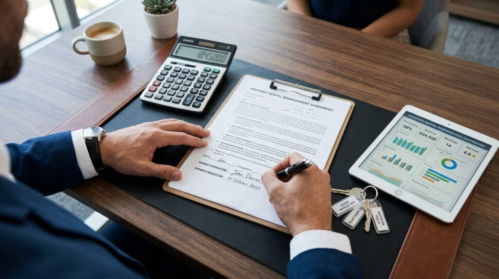 Overhead view of business owners hands signing property ren
