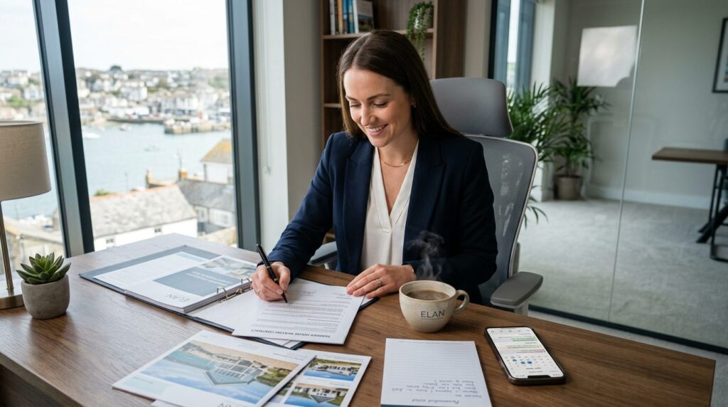 Confident female entrepreneur reviewing summer house rental 