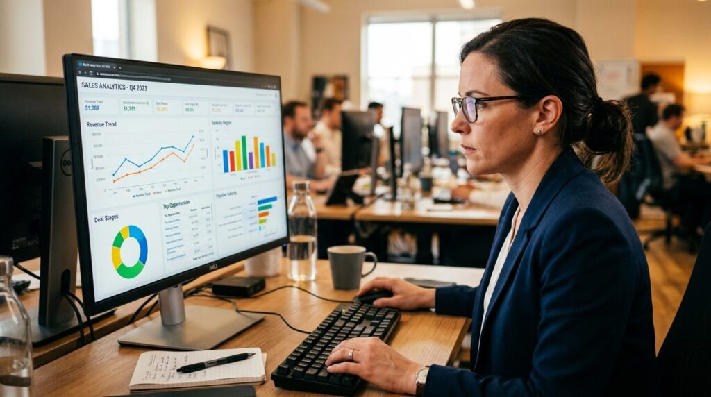 Close-up of business professional analyzing sales data on co