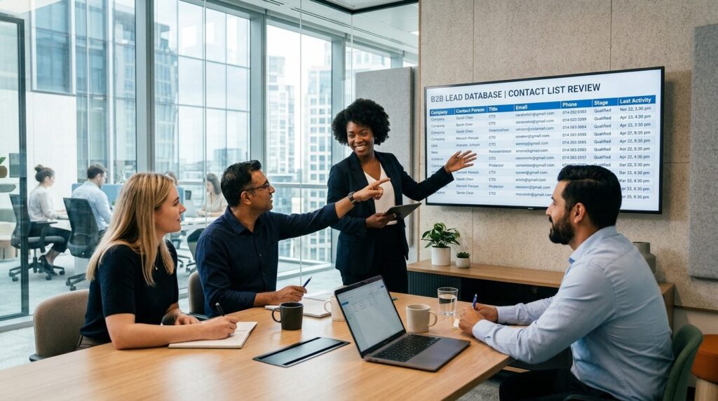 Diverse team of B2B sales professionals in conference room r
