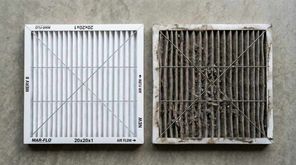 Close-up of a dirty ventilation filter comparison showing a 